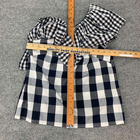 J Crew Top Womens 2 Navy Gingham Plaid Cotton Stretch Poplin Ruffle One Shoulder - Picture 5 of 12